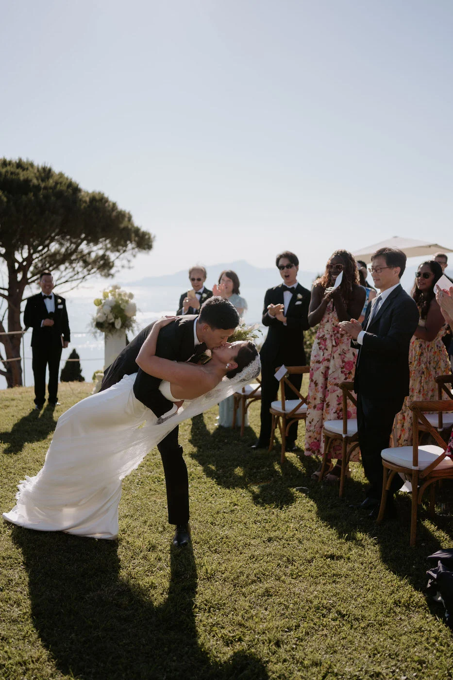 The couple's dip during the sea view ceremony, wedding at Villa Riviera on the Italian Riviera