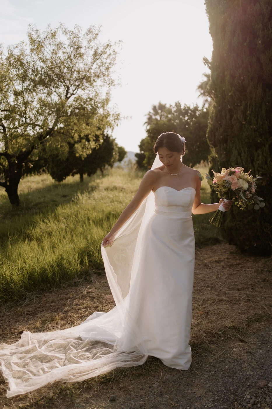 The bride in the park with her train