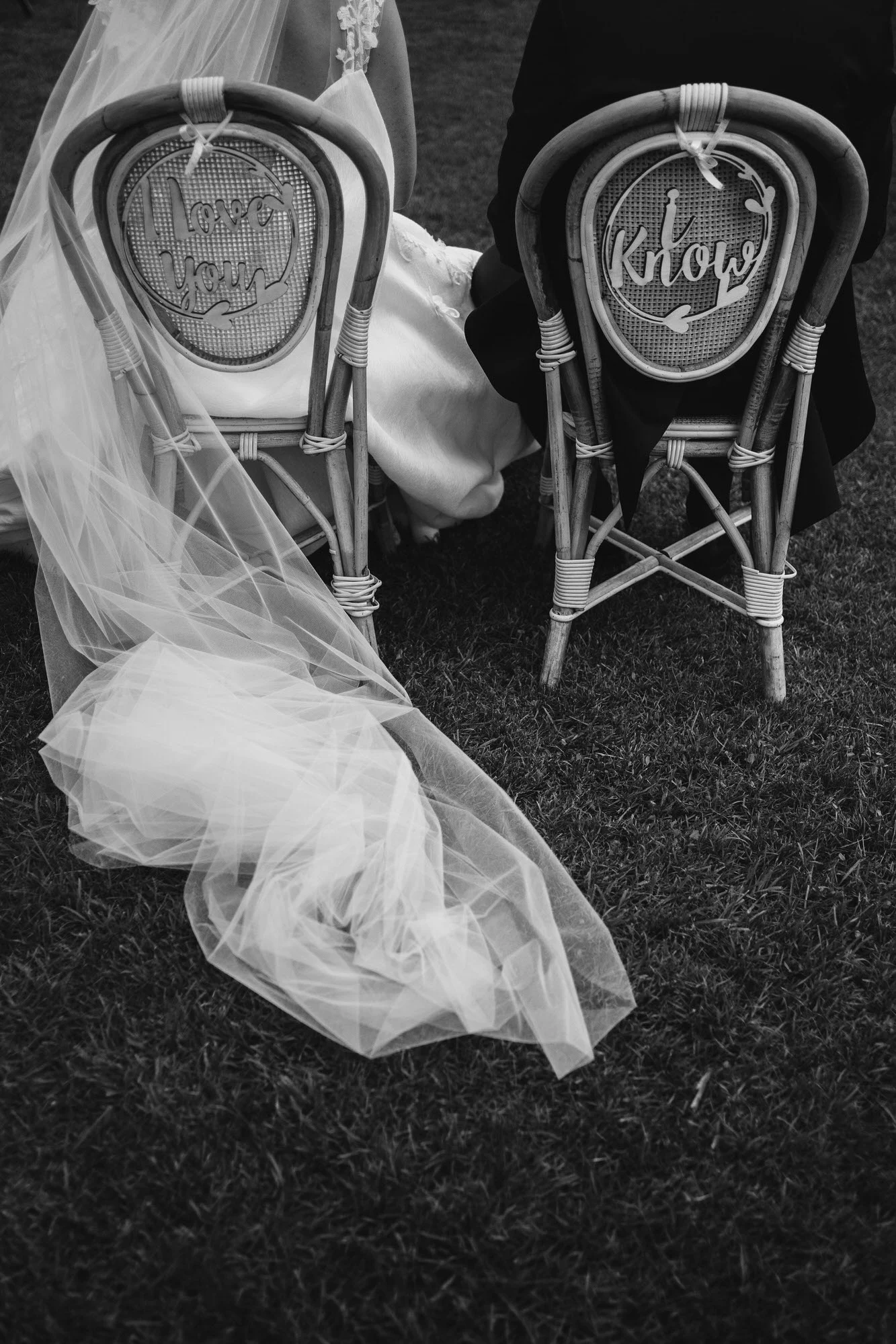 The bride's veil among the ceremony chairs