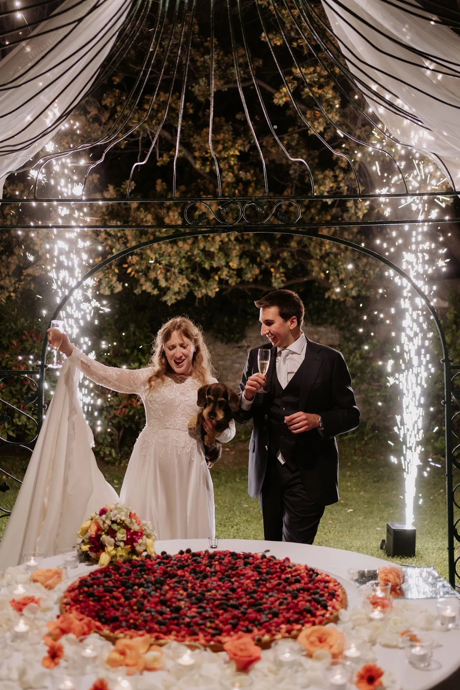 The couple toasting under the gazebo among sparklers, in front of the berry cake
