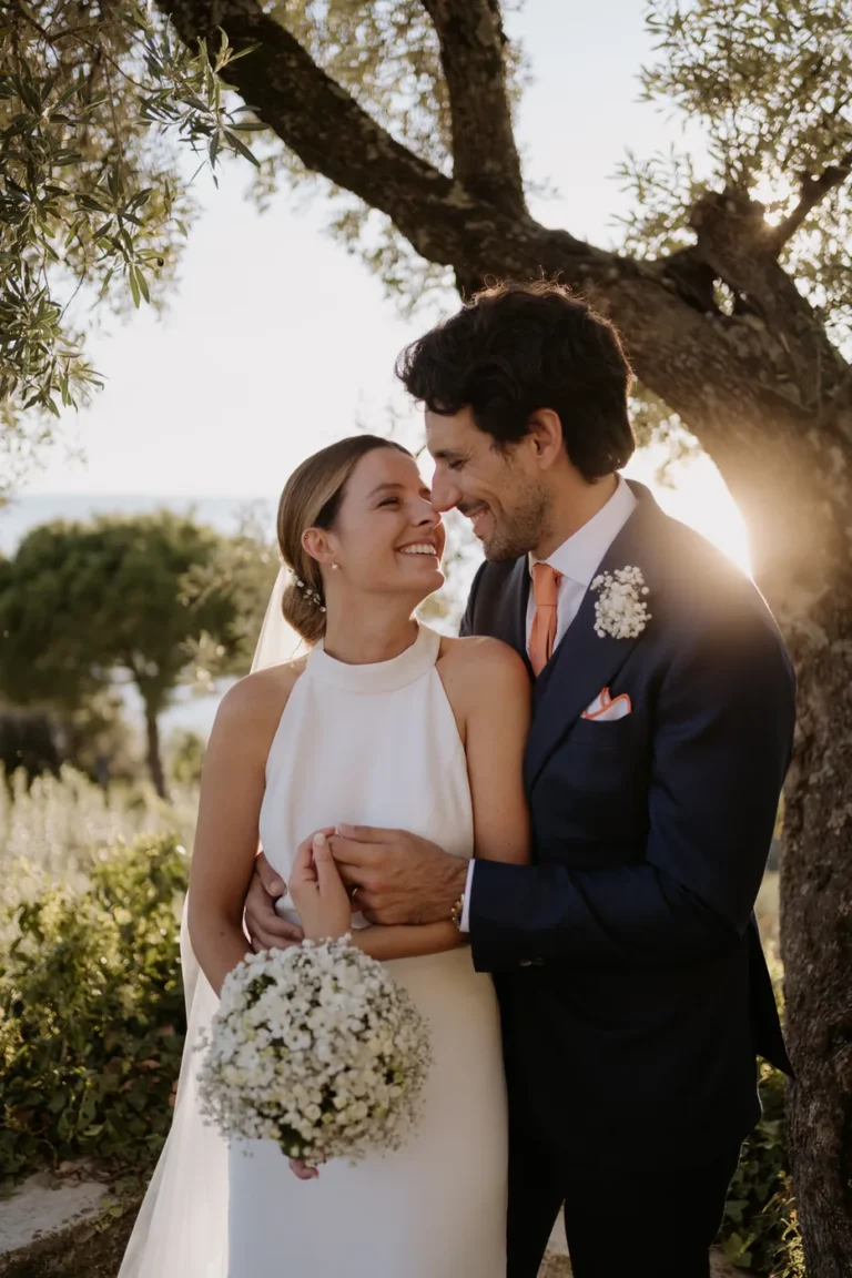 Matilde and Filippo embracing in the golden light